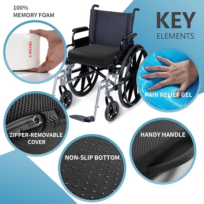 YOUFI Thick Memory Foam & Gel Seat Cushion, 18"X16"X4" Large Chair Cushion for Wheelchair Mobility Scooters, with Non-Slip Bottom and Carry Handle (Black)