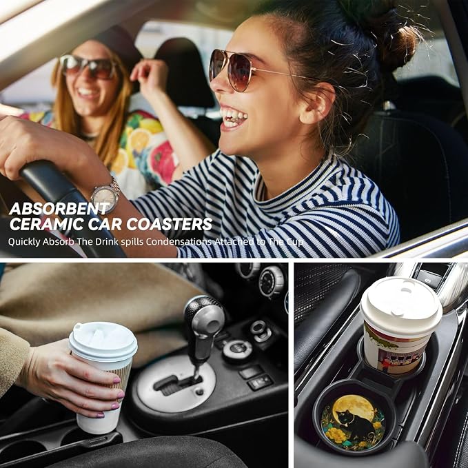 Black Cat Golden Moon Flower Bushes 2 Pack Car Cup Holder Coasters Absorbent Ceramic Drink Coasters 2.56" Anti Slip Cup Mat with Cork Base Finger Notch Auto Accessories Interior for Women Men