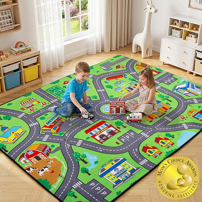 Kids Road Rug 4 x 6 Ft, City Car Play Mat for Kids with Realistic Colors, Non-Slip Floor Carpet for Classroom, Playroom & Bedroom