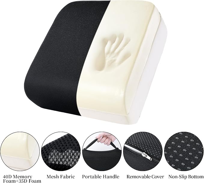 MABOZOO Extra Thick Chair Cushions,Office Chair Booster Seat Cushion to Raise Seat Height for Pain Relief,18 x 16 x 6 inch Non Slip Memory Foam Thick Cushion with Carry Handle(Black)