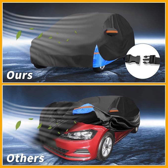 Waterproof All-Weather Universal Car Cover with Right Side Zipper, 190T Polyeste Black Blue Fits for Hatchback 163" to 177" Length