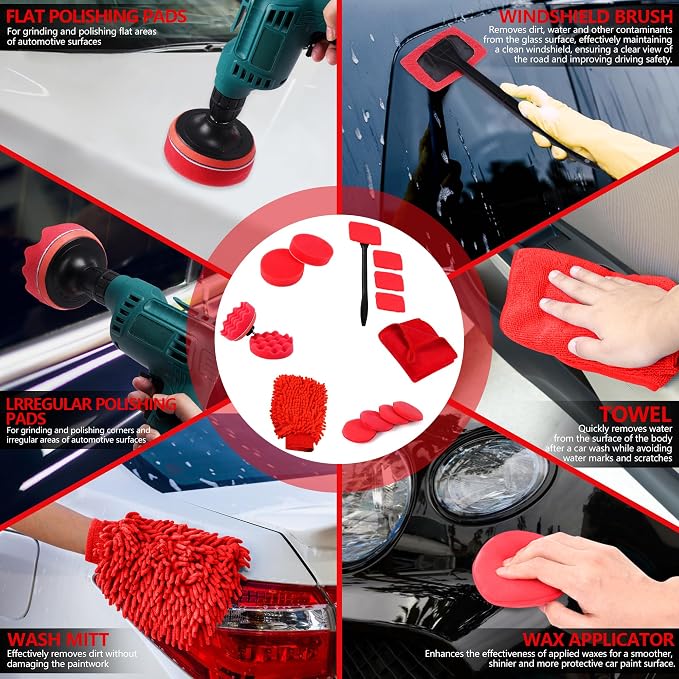 35Pcs Car Detailing Kit & Car Cleaning Kit, B:35PCS-R | Windshield Tool, Long Wheel Brush & 2 Angled Brushes, 4 Polishing Pads & 4 Wax Pads, Red Tool Box, Gift for Men