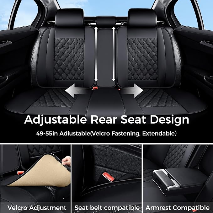 Huidasource Seat Covers Full Set, 5 Layers Full-Cover Leather Seat Cover Hollow Design Airbag Pops, Front & Back Seat, Seat Covers for Most Cars, Vans, Trucks, SUVs Universal Fit (Full Set/Black)