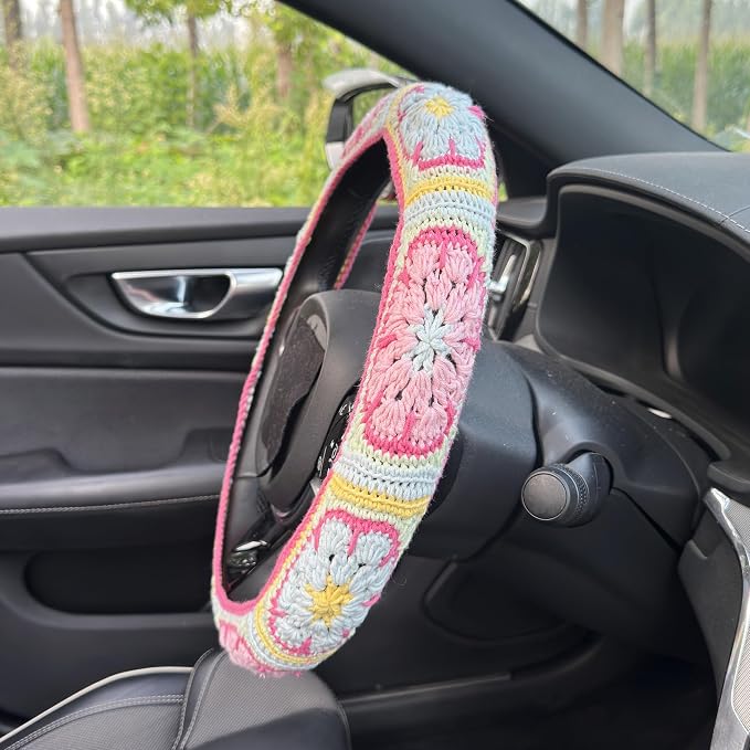 Handmade Crochet Pink Fower Granny Square Car Steering Wheel Covers Universal 14-15 inch for Women and Men (Steer Wheel Cover+ 2 Belt Cover+2 Coaster)