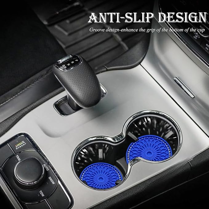 2PCS Bling Car Cup Holder Coasters, 2.75 Inch Silicone Anti-Slip Insert, Bling Shockproof Cup Mat for Women Girls, Universal Fit for Most Vehicles (Deep Blue & White)