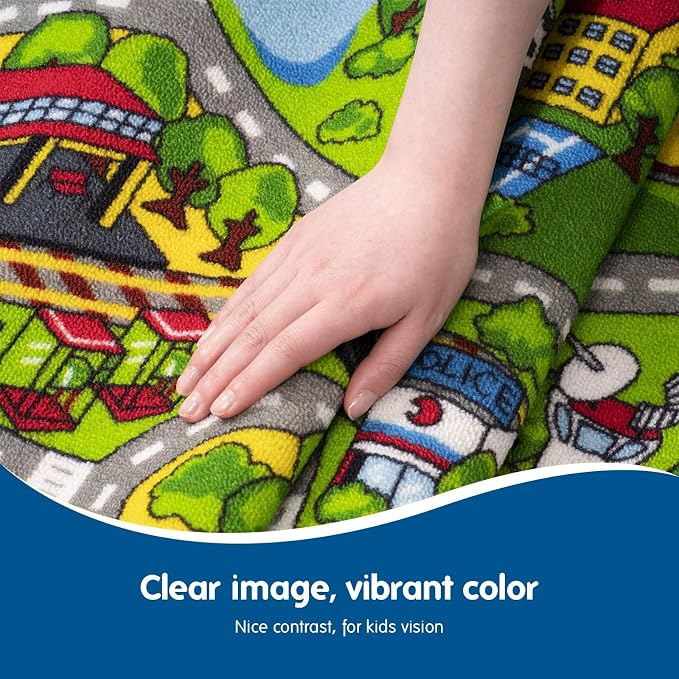 Booooom Jackson Kids Train & City Rug, 2'2" x 3'7" | Non-Slip Washable Play Mat, OEKO-TEX Certified, Train & City Scene, Gift for Toddlers, Classroom & Playroom