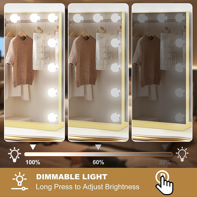 Moonee Vanity Mirror with Lights, Gold Hollywood Lighted Makeup Mirror with 17 Dimmable Bulbs and 10X Magnification, 3 Colors Modes, Aluminum Metal Frame, Light Up Mirror for Tabletop/Wall(26" x 20")