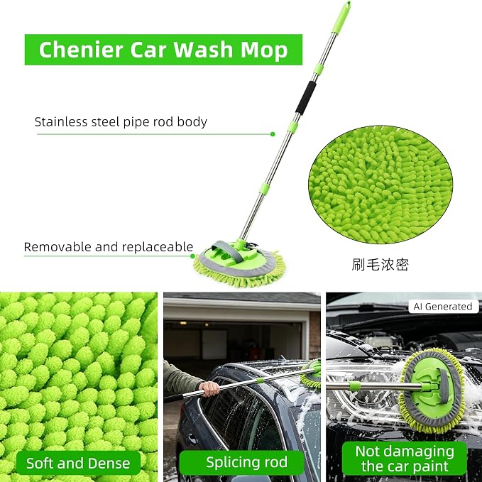 62" Car Wash Brush with Long Handle Chenille Microfiber Car Wash Mop Mitt, Wheel Brush, Windshield Window Squeegee, Car Duster Microfiber Towel, Gloves, for Cleaning Cars, RV, Truck, Boat
