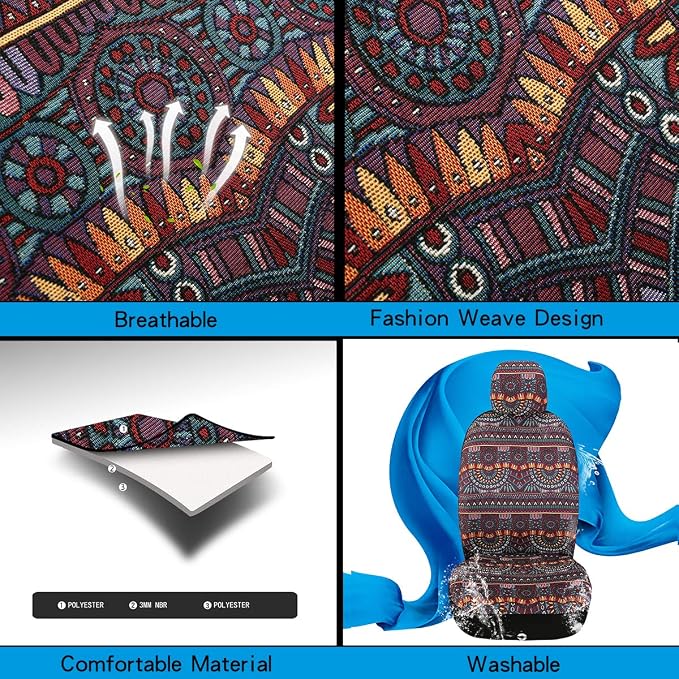 Baja Saddle Blanket Car Seat Covers 9PCS Full Set, Breathable and Washable Striped Woven Automotive Vehicle Seat Cover, Universal Boho Seat Cover for Sedan, SUV, Truck, Airbag Compatible