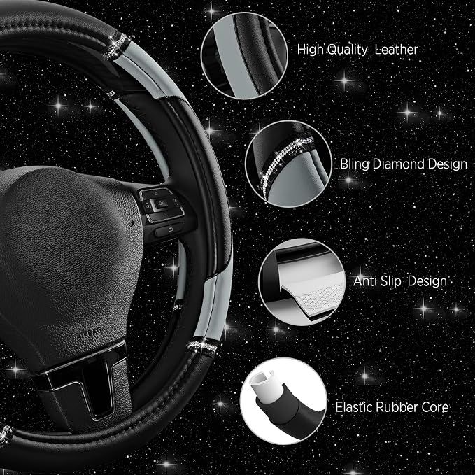 Road Comforts Leather Steering Wheel Cover - Made with PVC Leather - Anti-Slip, Universal Fit 14 1/2 inches to 15 inches - Gray