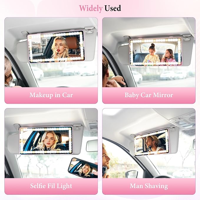 SINGARO 2PCS Car Sun Visor Vanity Mirror - Rechargeable Makeup Mirror with 60 LEDs, 3 Light Modes & Dimmable Touch Control for Cars, Trucks, SUVs, Car Interior Accessories for Women (Pink)