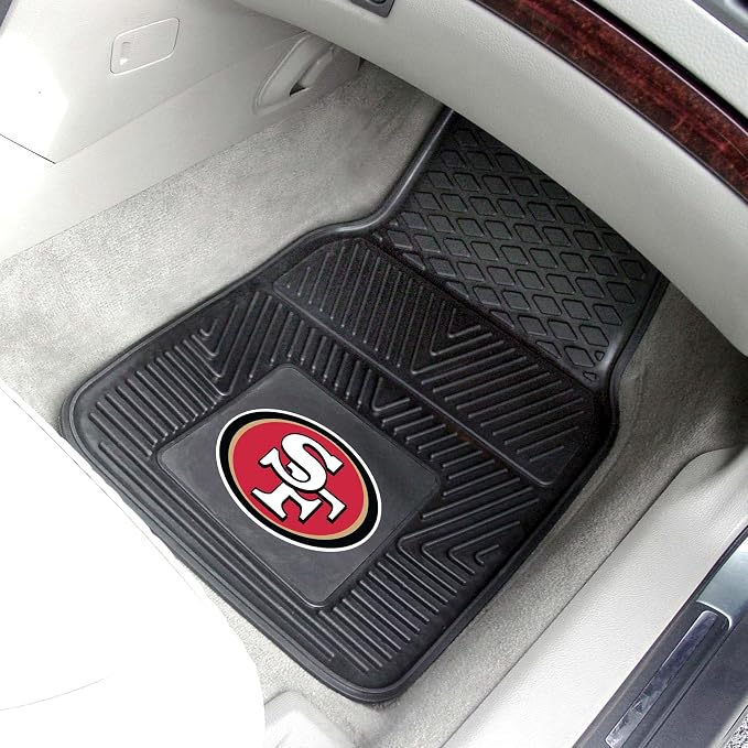 FANMATS 8902 San Francisco 49ers 2-Piece Heavy Duty Vinyl Car Mat Set, Front Row Floor Mats, All Weather Protection, Universal Fit, Deep Resevoir Design , 18"x27"