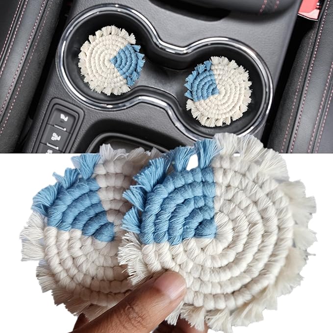 Cotton Car Coasters for Cup Holders, 2PC Car Cup Coasters, Drink Coaster Holder, Cute cupholder Coaster Accessories for Women, Macrame, Boho (Clear Sky)