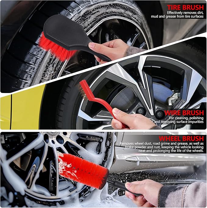 35Pcs Car Detailing Kit & Car Cleaning Kit, B:35PCS-R | Windshield Tool, Long Wheel Brush & 2 Angled Brushes, 4 Polishing Pads & 4 Wax Pads, Red Tool Box, Gift for Men