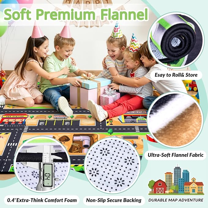 Kids Rug, 3x5 Ft Construction Play Rug for Kids | Extra Thick 0.4in Soft Construction Site Play Rug with Non-Slip Rubber Backing,Machine Washable for Bedroom & Playroom