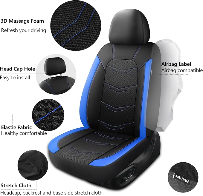 HChengkikz Front Car Seat Cover, Breathable and Sporty (Black + Blue) | Leather, Universal Fit for Most SUVs, Cars, Sedans, Trucks, Airbag Compatible, Easy to Install