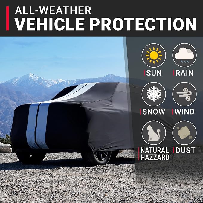 iCarCover Premium Heavy Duty Truck Car Cover - Waterproof All Weather Rain Snow UV Protection, F-150 Extended Cab, F-250, F-350 Crew Cab, Extended Cab, Size T87 (See Size Chart), Stripe - Black/Gray