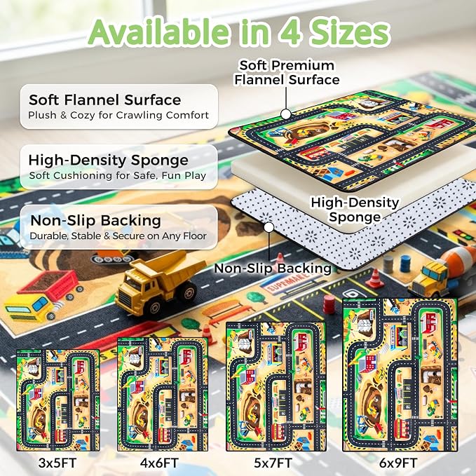 Kids Rug, 3x5 Ft Construction Play Rug for Kids | Extra Thick 0.4in Soft Construction Site Play Rug with Non-Slip Rubber Backing,Machine Washable for Bedroom & Playroom