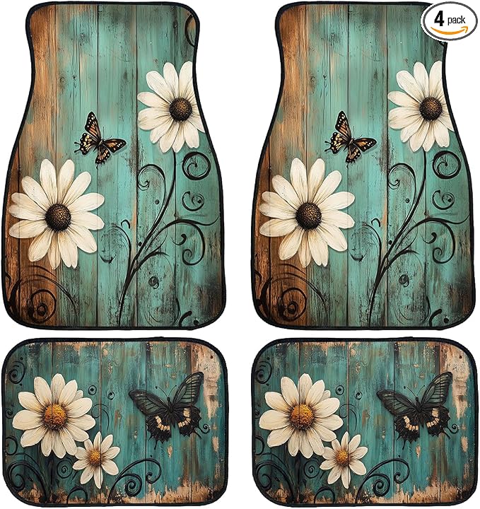 Nature Car Floor Mats Set of 4 Rustic Daisy Butterfly Wooden Automotive Foot Mats Rugs Carpet for Car Non-Slip Auto Car Accessories Universal Fit for Car SUV Truck Van