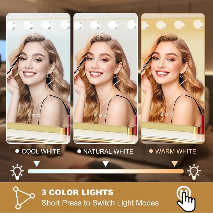 Moonee Vanity Mirror with Lights, Gold Hollywood Lighted Makeup Mirror with 17 Dimmable Bulbs and 10X Magnification, 3 Colors Modes, Aluminum Metal Frame, Light Up Mirror for Tabletop/Wall(26" x 20")