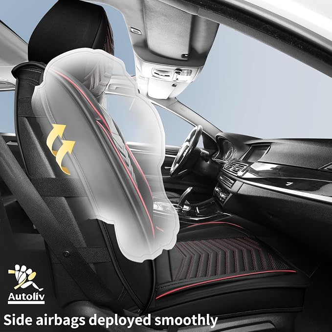 HChengkikz Front Car Seat Cover, Waterproof Faux Leather (Black + Redline) | Easy Maintenance, Airbag Compatible, Universal Fit For Most SUVs Trucks Pick-ups Sedans