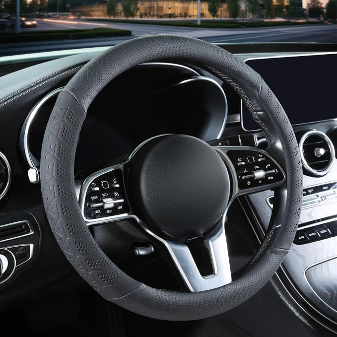 3D Slim Soft 15 inch Leather Steering Wheel Cover Black | Breathable Anti-Slip Premium Skin-Feel Perforated Thin Nappa Leather, Universal 14.5 inch to 15 inch