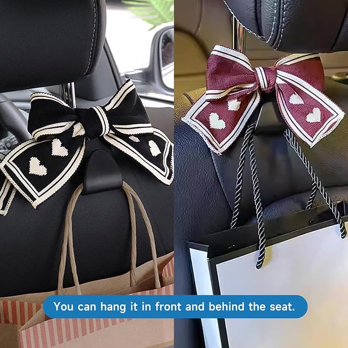 2PCS Car Seat Hooks, Cute Bow Car Seat Headrest Hooks for Purses, Bags, Umbrella, Universal Automotive Interior Decoration Accessoriesl for Vehicle, SUV, Sedan, Truck (Pink Border)