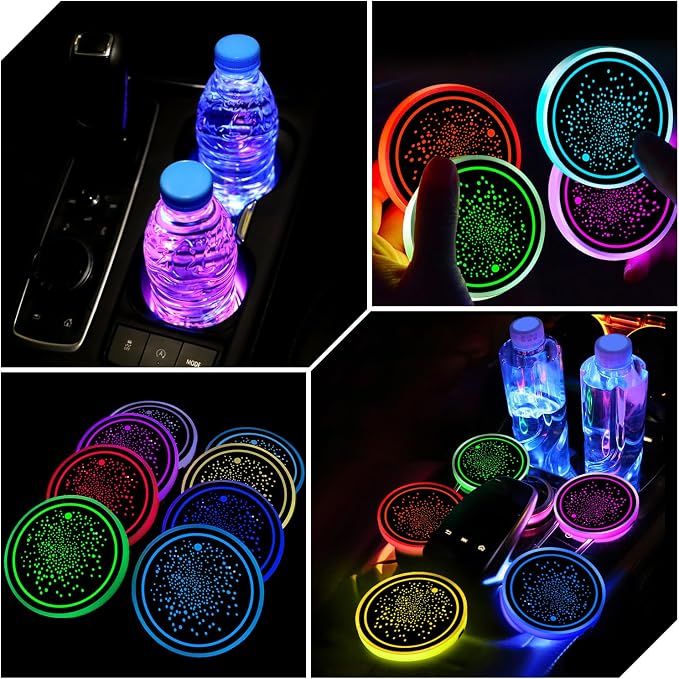 2Pcs LED Car Cup Holder Lights, 7 Colors Light Up Cup Coasters, USB Rechargeable Interior Lighting Accessories for Car Truck Vehicle Decoration