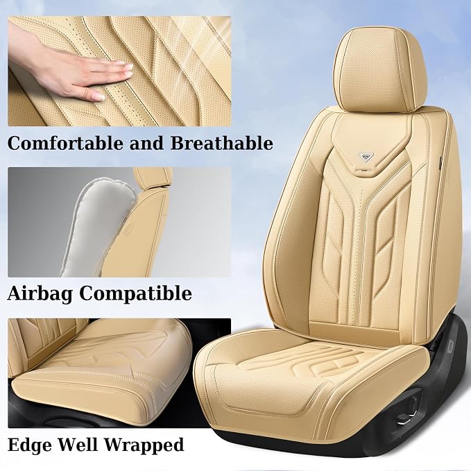 Coverado Car Seat Covers Full Set, Automotive Seat Covers Car Seat Protector Car Seat Cushion, Waterproof Leather Seat Covers for Cars, Universal Fit for Most Sedans SUV Pick-up Truck(Beige)