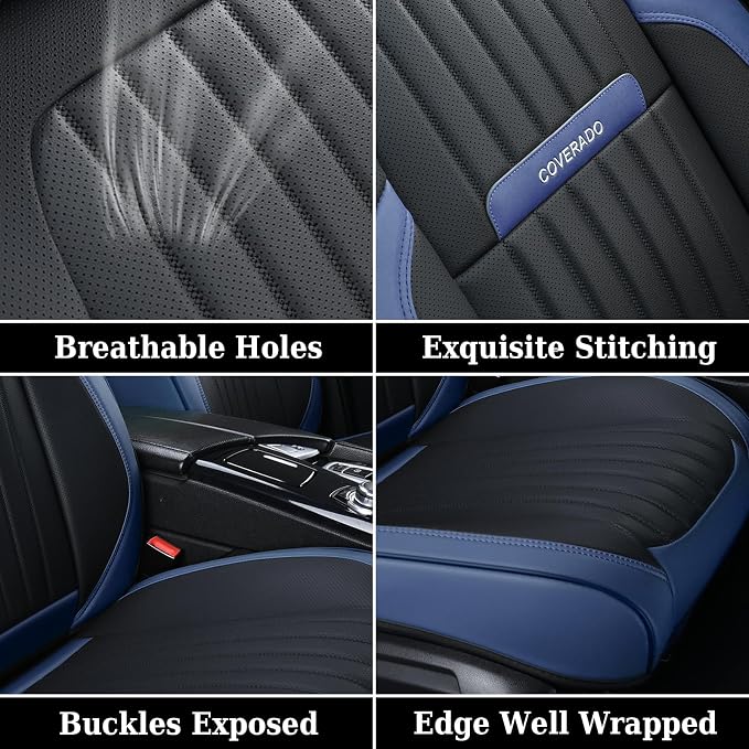Coverado Car Seat Covers Front, Seat Covers for Cars, Waterproof Car Seat Cushions, 2-Pack Leather Carseat Seat Protectors, Universal Seat Covers Fit for Most Sedans SUV Pick-up Trucks(Blue&Black)