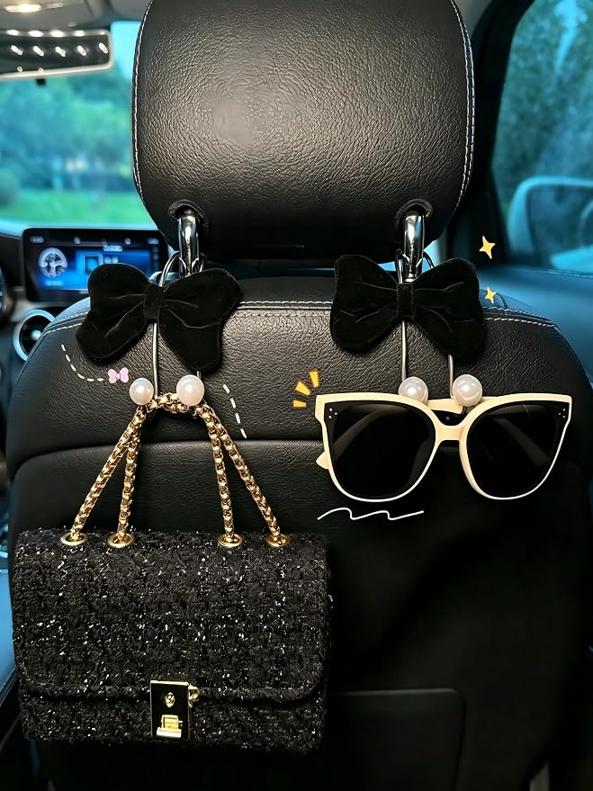 2PC Car Hooks for Purses and Bags Cute,Bowknot Seat Back Hook for Car Headrest Purse Holder Clip,Auto Hanger Seat Decorations Accessories for Women,Black Bow