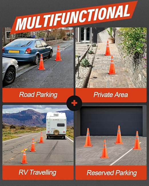 RoadHero 18 Inch 4 Pack Collapsible Traffic Safety Cones, Multi Purpose Pop-up Cones with Reflective Collar for Road Safety, Orange Cones for Driving Training, Parking Lots