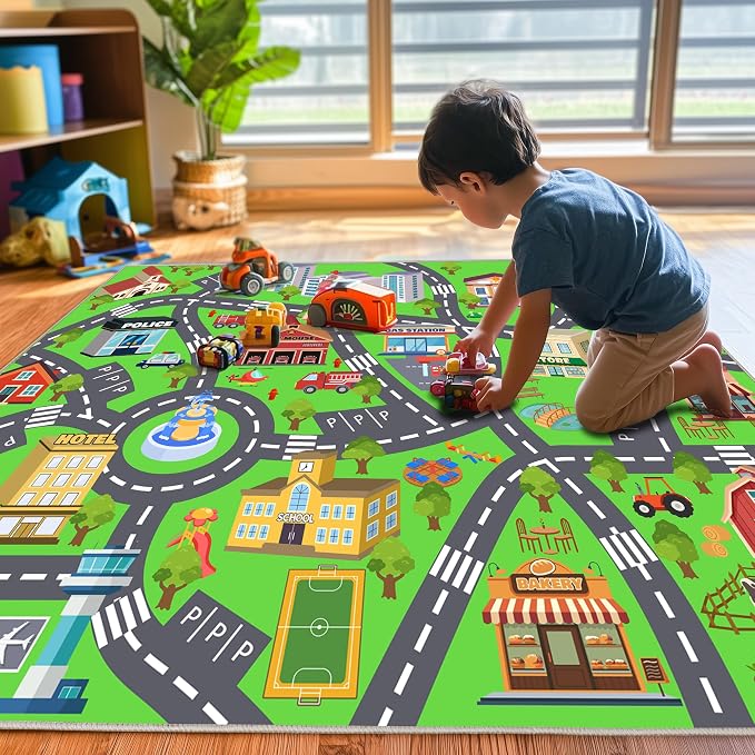 Kids Rug for Playroom, 3x4ft Car Rugs Town City Road Map Rug Play Mat | Soft, Non-Slip Childrens Road Carpet, Washable Kids Play Rug for Classroom Nursery Bedroom Daycare Boy, Stain Flame Resistant