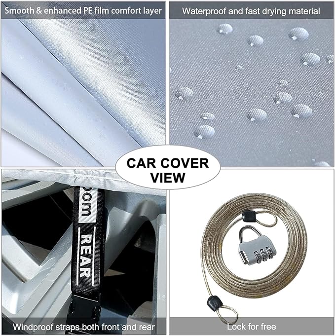 Tecoom Light Shell Breathable Material Classic Zipper Design Waterproof UV-Proof Windproof Car Cover with Storage and Lock for All Weather Indoor Outdoor Fit 191-205 Inches SUV
