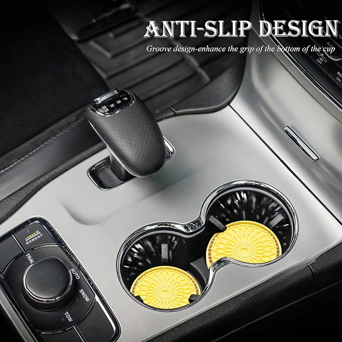 2PCS Bling Car Cup Holder Coasters, 2.75 Inch Silicone Anti-Slip Insert, Bling Shockproof Cup Mat for Women Girls, Universal Fit for Most Vehicles (Yellow & White)