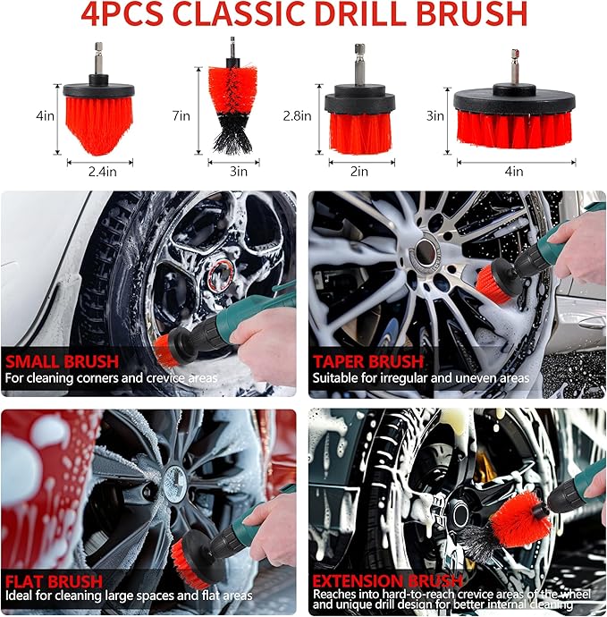 35Pcs Car Detailing Kit & Car Cleaning Kit, B:35PCS-R | Windshield Tool, Long Wheel Brush & 2 Angled Brushes, 4 Polishing Pads & 4 Wax Pads, Red Tool Box, Gift for Men