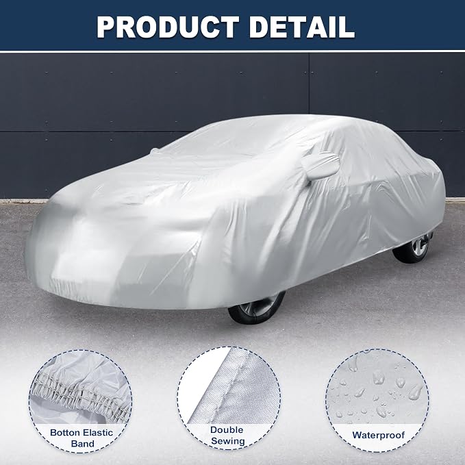 ACROPIX 180T Gray Car Cover Waterproof All Weather Full Exterior Cover Rain Hail Sun Protector Car Cover Fit for Sedan Length 185-189 Inch - Pack of 1