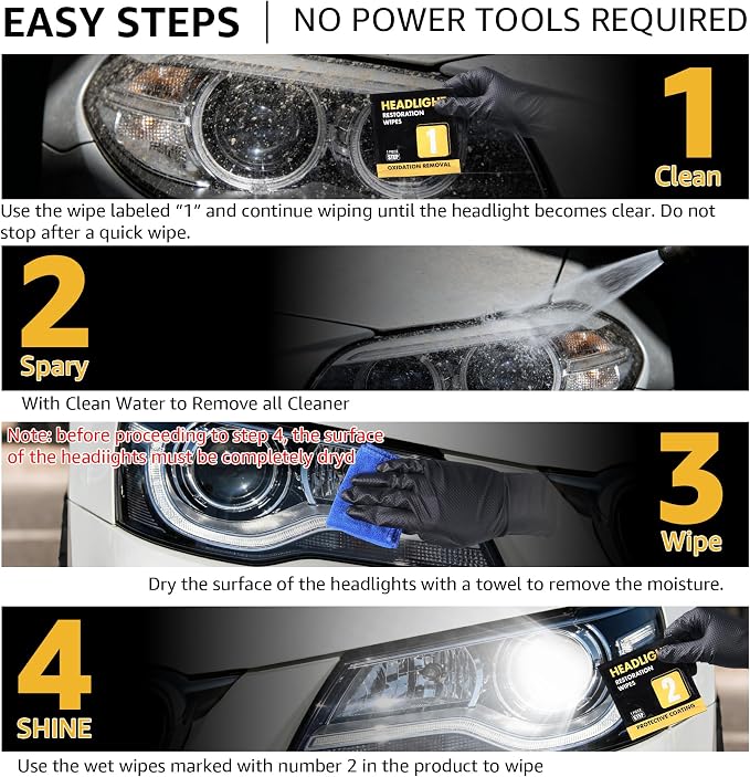 Headlight Restoration Kit, Ceramic Headlight Cleaner and Restorer Kit 2-Step Wipes, Removes Yellowing, Oxidation & Cloudiness, Restores Clarity Brings Headlights Back to Like New Condition,(2 Pack)