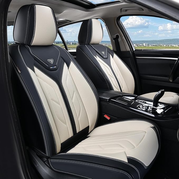 Coverado Front Seat Covers, Car Seat Covers Front Seats, Leather Seat Covers for Cars, Automotive Seat Covers Car Seat Protector Car Accessories Fit for Most Sedans SUV Pick-up Truck(Black&Beige)