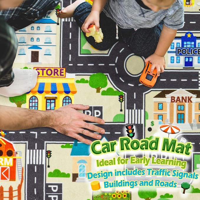 Car Rug Play Mat for Kids Toy Cars, City Road Traffic Playmat for Kid Bedroom, Non-Slip Machine Washable Kids Rugs for Learn and Have Fun 4'x5'/ 48"x60", Beige