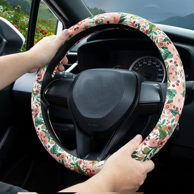 Watercolor Burgundy Flowers Steering Wheel Cover Auto Steering Wheel Protector, Anti-Slip, Breathable, Absorbing Sweat, Universal Car Accessories 14.5–15 inch,Fit for Most Car, Trucks, SUV