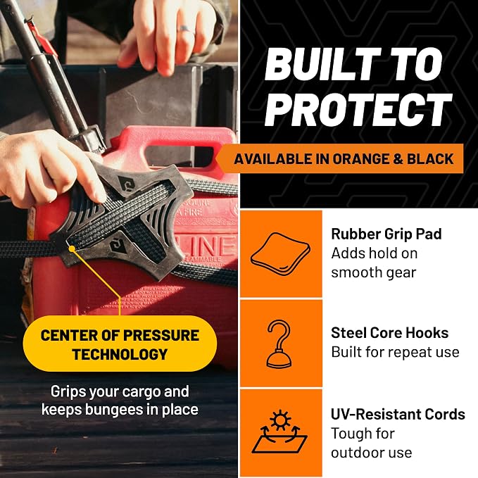 Tack Strap – 4-Way Flat Bungee Cord with Rubber Pad Grip, Non-Slip Tie Down Straps for Motorcycle, ATV, Kayak, Cycling, Camping, Truck Storage, Adjustable Bungee Cords - 2 Pack (Black)