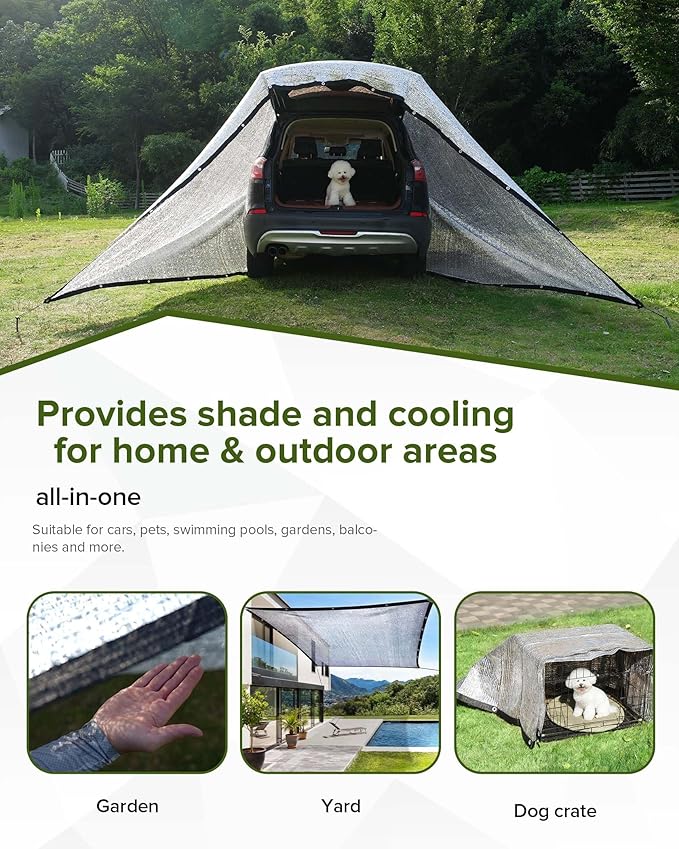 FoundGo 85% Aluminum Shade Cloth, 10'x14'Car/Dog Sun Reflective Aluminet tarp,Silver Reflective Sun Shade Net Cover with Grommets,Breathable,Sun/UV/Heat Blocking for Camping,RVs,with Accessories