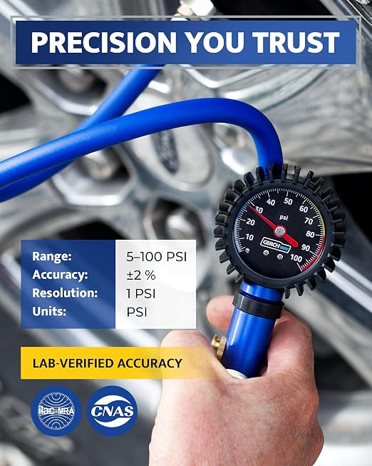 Tire Inflator with Pressure Gauge and Longer Hose - Most Accurate, Heavy Duty Air Chuck with Gauge for Air Compressor Tire Inflator Attachment - 100PSI