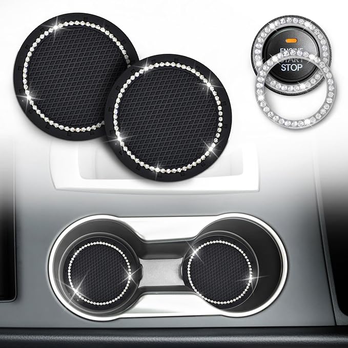 EcoNour Bling Cup Holder Insert (2 Pack) with Push Start Button Ring (1 Pack) | 2.75 Inch Silicone Coaster Pad and 1.5 Inch Ring with Elegant Crystal Rhinestone | Car Interior Accessories (Black)