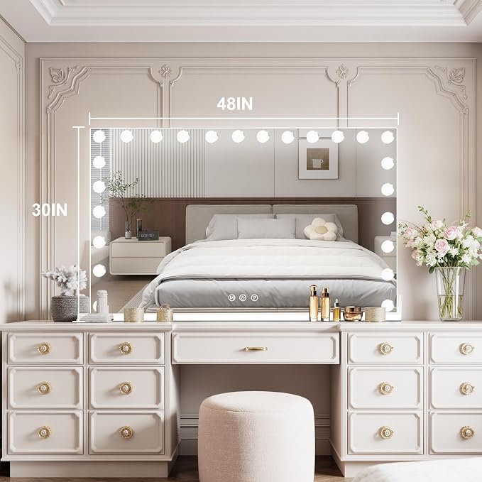 Moonee Vanity Mirror with Lights, Hollywood Lighted Makeup Mirror with 24 Dimmable Bulbs and 10X Magnification, 3 Colors Modes, Aluminum Metal Frame, Light Up Mirror for Tabletop/Wall(48" x 30")