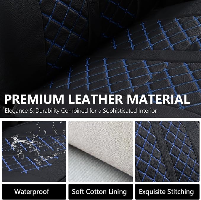 Truckiipa Full Set Leather Seat Covers Fit for Toyota Tacoma Full Coverage Waterproof Seat Covers Cushion Protector Fit for 2016-2023 Toyota Tacoma Double Crew Cab, Full Set, Black&Blue