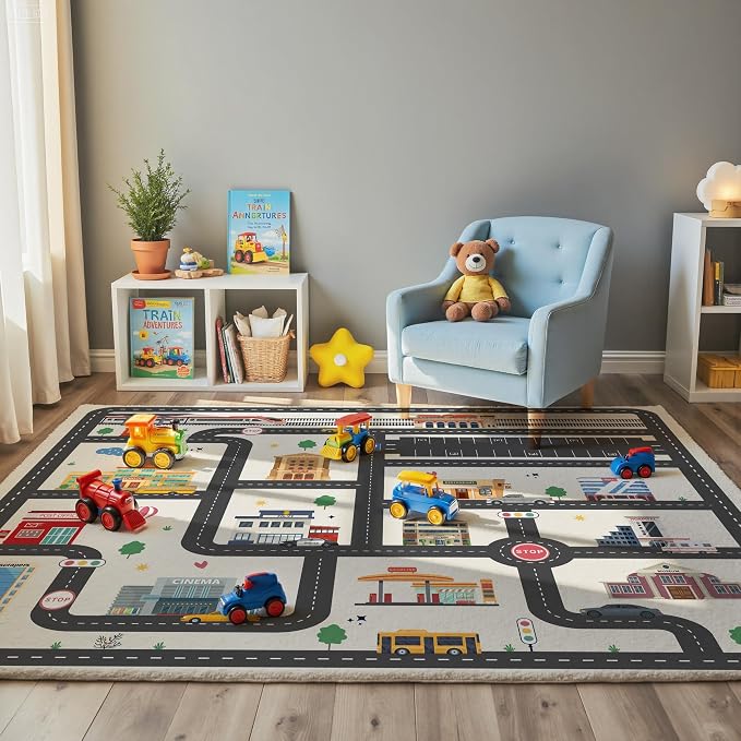Nayoroom Kids Car Road Playroom Rug, Faux Wool City Map, Non-Slip, 4 x 6 ft | Interactive city road map; Car-friendly routes; Soft faux wool surface; Non-slip backing; Easy-care room accent