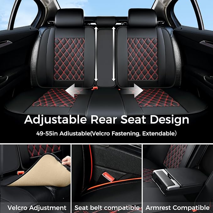 Huidasource Car Seat Cover Universal Fit for Most Cars, Vans,Trucks,SUVs, Seat Covers Nappa Faux Leather, Car Seat Covers Protector Front & Split Bench Rear Velcro Adjustment (Full Set/Black&Red)