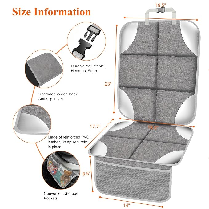 Car Seat Protector for Child Car Seat, 600D Fabric Carseat Seat Protectors, Seat Protector Under Baby Pet Car Seat with Upgraded Non-Slip Backing, Mesh Storage Pockets, Silver-Gray, 1PCS